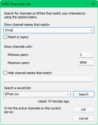 mIRC Channels List Window